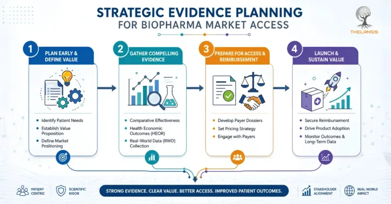Thelansis infographic detailing four steps for strategic evidence planning in biopharma market access, including early value definition, HEOR data collection, and securing payer reimbursement.